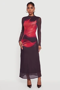 Womens Almost Famous Floral Mesh Long Sleeve Mock Neck Maxi Dress, Red, Size S