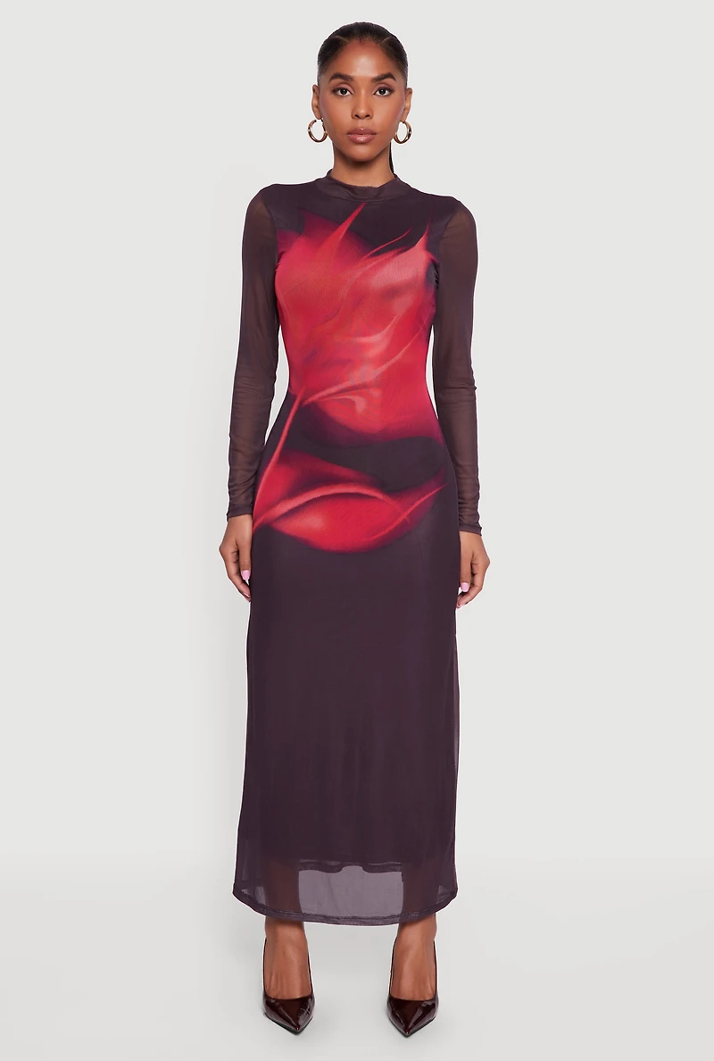 Almost Famous Floral Mesh Long Sleeve Mock Neck Maxi Dress