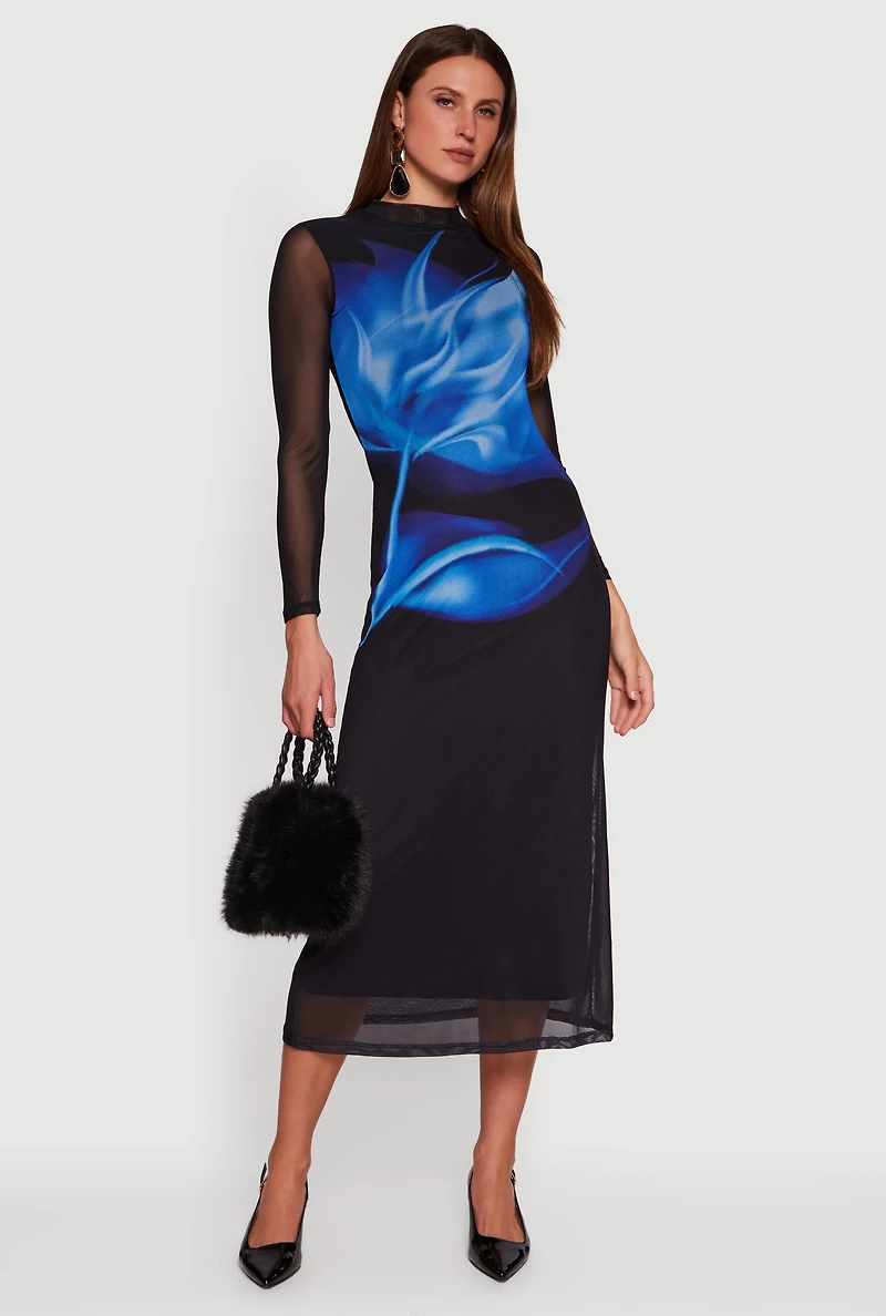 Womens Almost Famous Floral Mesh Long Sleeve Mock Neck Maxi Dress,