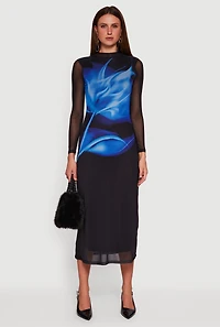 Womens Almost Famous Floral Mesh Long Sleeve Mock Neck Maxi Dress,