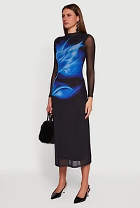 Womens Almost Famous Floral Mesh Long Sleeve Mock Neck Maxi Dress,