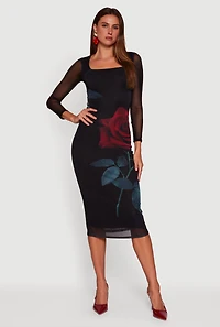 Womens Almost Famous Mesh Rose Print Long Sleeve Midi Dress, Black, Size S
