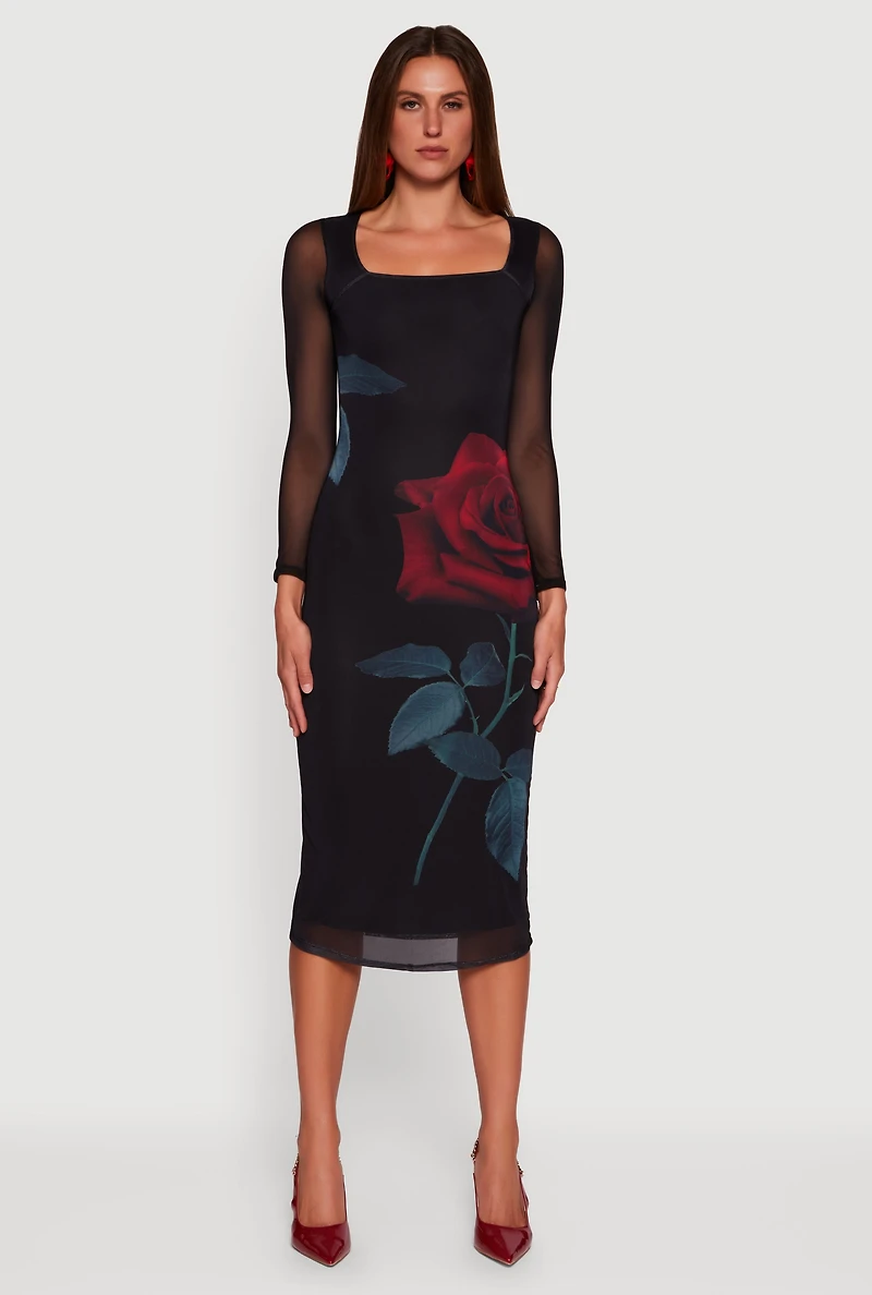 Womens Almost Famous Mesh Rose Print Long Sleeve Midi Dress, Black, Size S