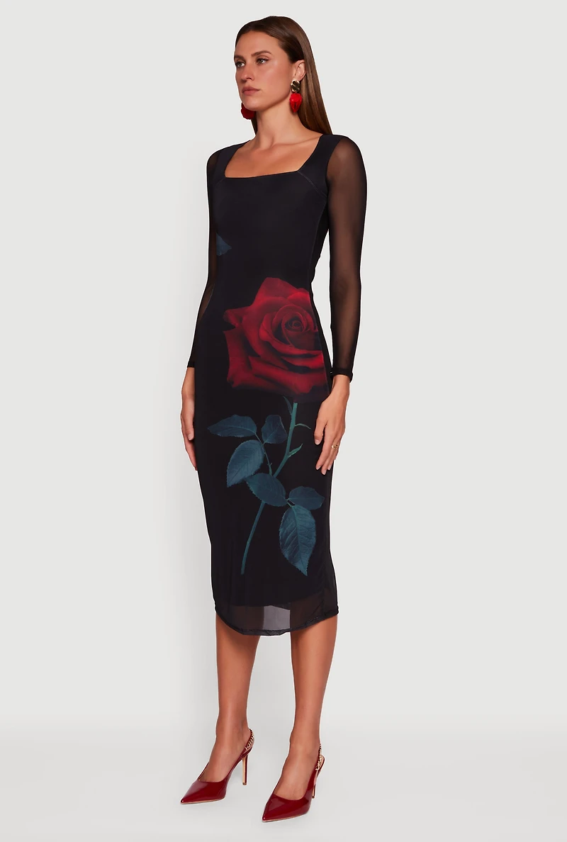 Womens Almost Famous Mesh Rose Print Long Sleeve Midi Dress, Black, Size S