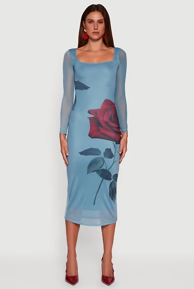 Womens Almost Famous Mesh Rose Print Long Sleeve Midi Dress, Blue,