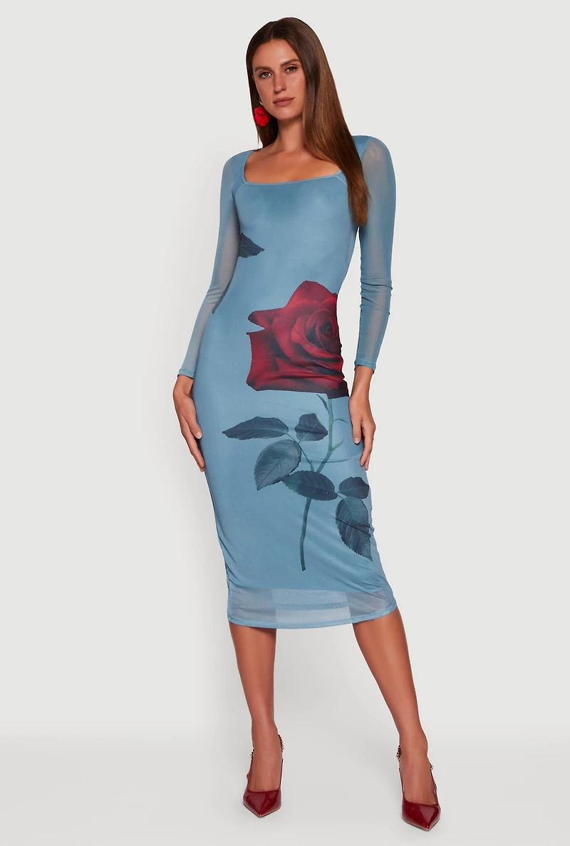 Womens Almost Famous Mesh Rose Print Long Sleeve Midi Dress, Blue, Size XL