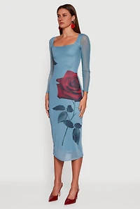 Womens Almost Famous Mesh Rose Print Long Sleeve Midi Dress, Blue, Size XL