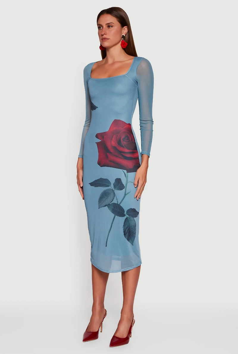 Womens Almost Famous Mesh Rose Print Long Sleeve Midi Dress, Blue,