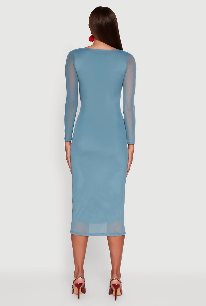 Womens Almost Famous Mesh Rose Print Long Sleeve Midi Dress, Blue, Size XL
