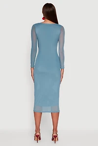 Womens Almost Famous Mesh Rose Print Long Sleeve Midi Dress, Blue, Size XL