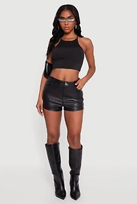 Womens Fleece Lined Faux Leather Shorts, Black, Size S