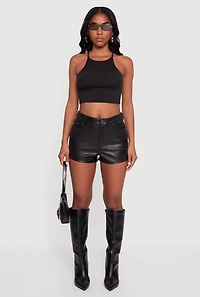 Womens Fleece Lined Faux Leather Shorts, Black, Size M