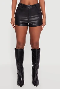 Womens Fleece Lined Faux Leather Shorts, Black, Size S