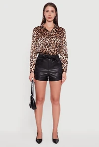 Faux Leather Tie Waist Belted Fixed Cuff Shorts