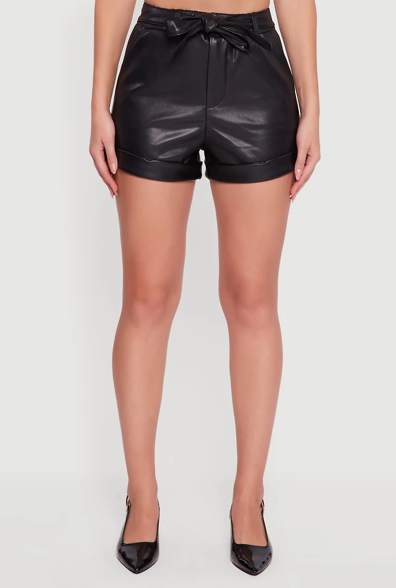 Womens Faux Leather Tie Waist Belted Fixed Cuff Shorts, Black, Size M