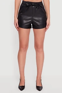 Faux Leather Tie Waist Belted Fixed Cuff Shorts