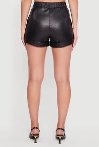 Womens Faux Leather Tie Waist Belted Fixed Cuff Shorts, Black, Size M