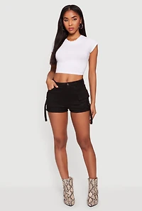 Womens Faux Suede Tabbed Cargo Pocket Shorts, Black, Size M