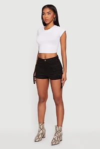 Womens Faux Suede Tabbed Cargo Pocket Shorts, Black, Size M