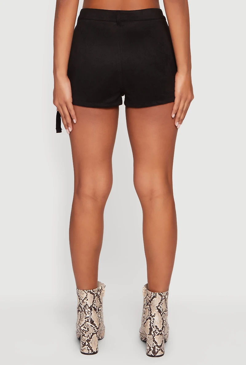 Womens Faux Suede Tabbed Cargo Pocket Shorts, Black, Size M