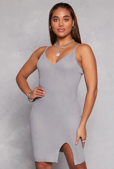 Ribbed Knit Side Slit Cami Dress