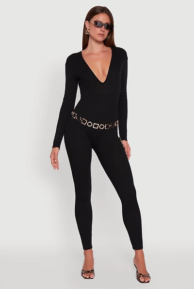 Womens Ribbed Knit Lace-Up Back Long Sleeve Jumpsuit,