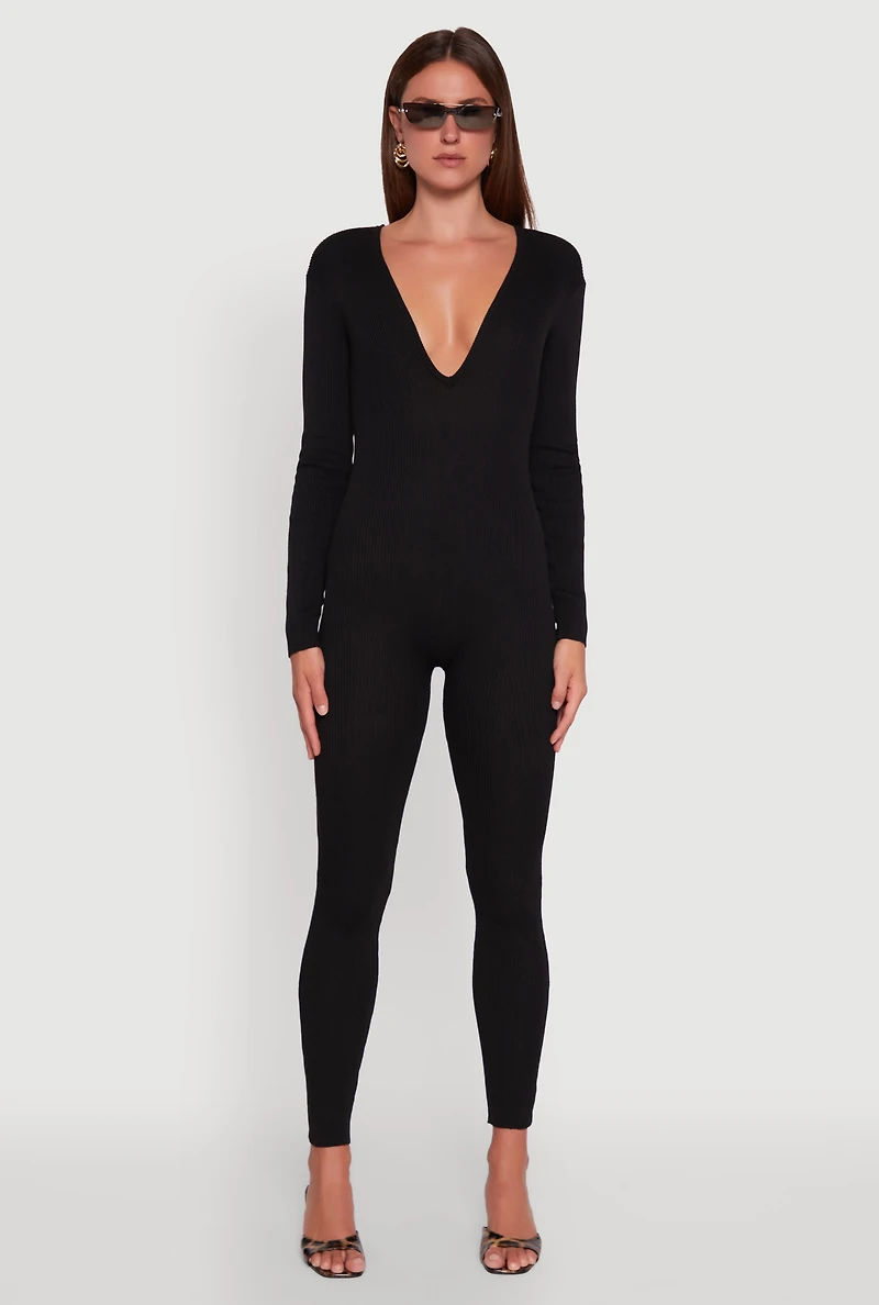 Womens Ribbed Knit Lace-Up Back Long Sleeve Jumpsuit,
