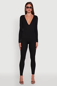 Womens Ribbed Knit Lace-Up Back Long Sleeve Jumpsuit,
