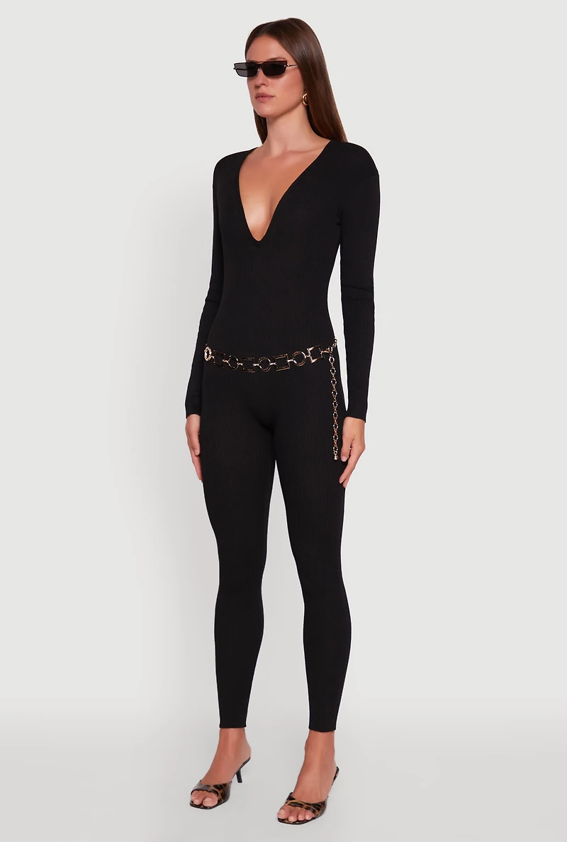 Womens Ribbed Knit Lace-Up Back Long Sleeve Jumpsuit,
