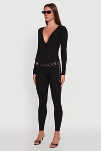 Womens Ribbed Knit Lace-Up Back Long Sleeve Jumpsuit,