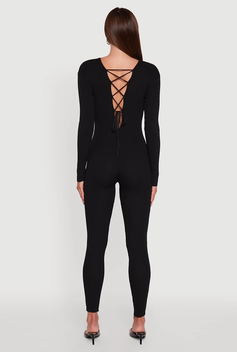 Womens Ribbed Knit Lace-Up Back Long Sleeve Jumpsuit,