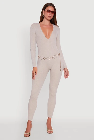 Womens Ribbed Knit Lace-Up Back Long Sleeve Jumpsuit, Beige, Size S