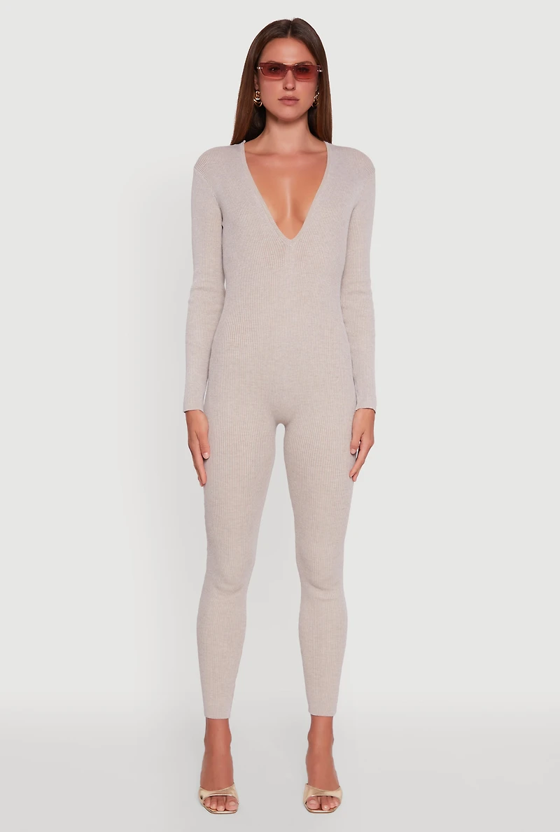 Womens Ribbed Knit Lace-Up Back Long Sleeve Jumpsuit, Beige, Size S