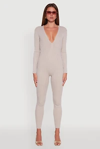 Womens Ribbed Knit Lace-Up Back Long Sleeve Jumpsuit, Beige, Size S
