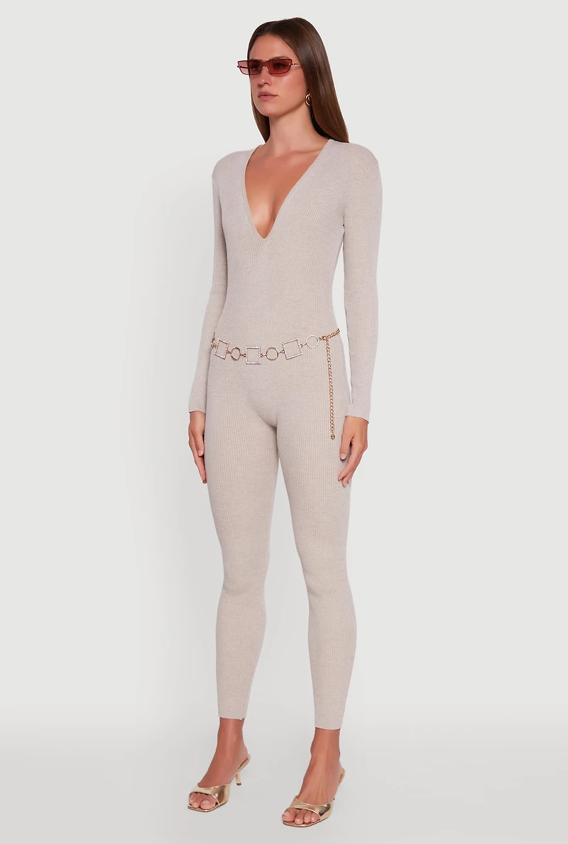 Womens Ribbed Knit Lace-Up Back Long Sleeve Jumpsuit, Beige, Size S