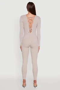 Womens Ribbed Knit Lace-Up Back Long Sleeve Jumpsuit, Beige, Size S