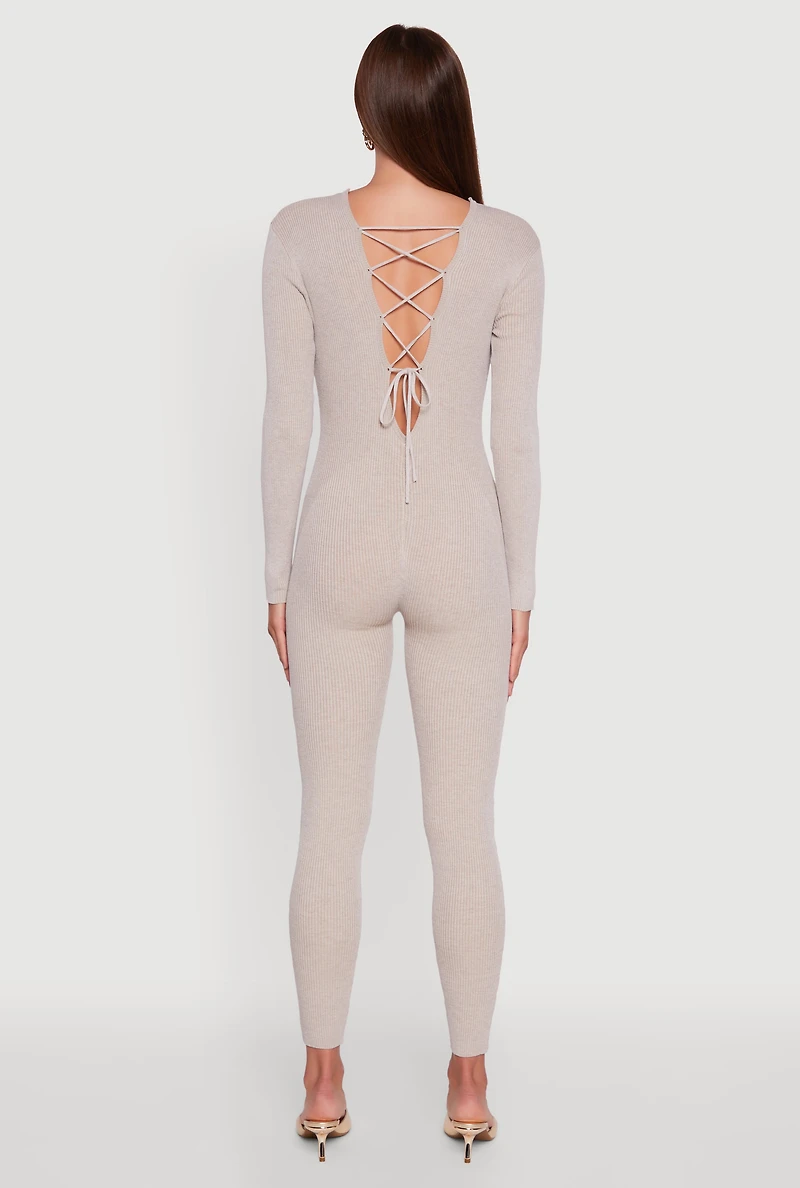 Womens Ribbed Knit Lace-Up Back Long Sleeve Jumpsuit, Beige,