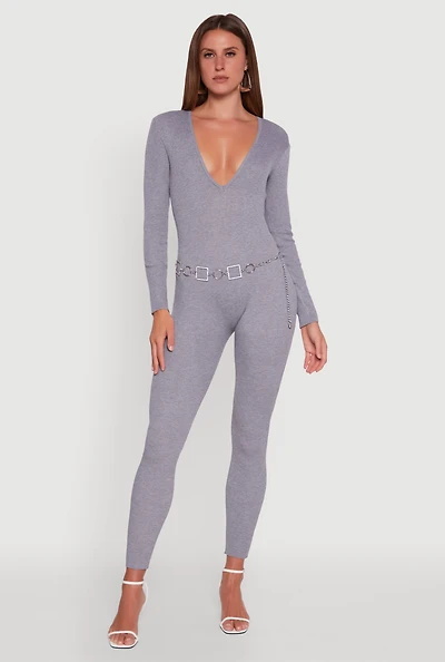 Womens Ribbed Knit Lace-Up Back Long Sleeve Jumpsuit, Grey, Size L