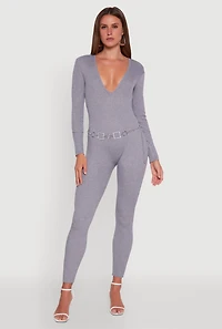 Womens Ribbed Knit Lace-Up Back Long Sleeve Jumpsuit, Grey, Size L