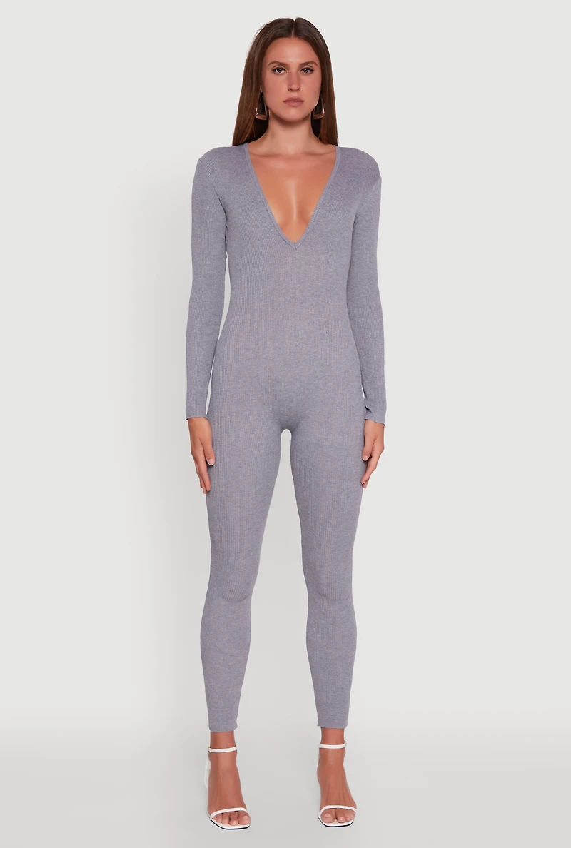 Womens Ribbed Knit Lace-Up Back Long Sleeve Jumpsuit, Grey, Size L