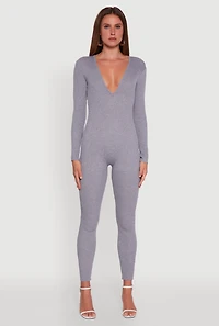 Womens Ribbed Knit Lace-Up Back Long Sleeve Jumpsuit, Grey, Size L