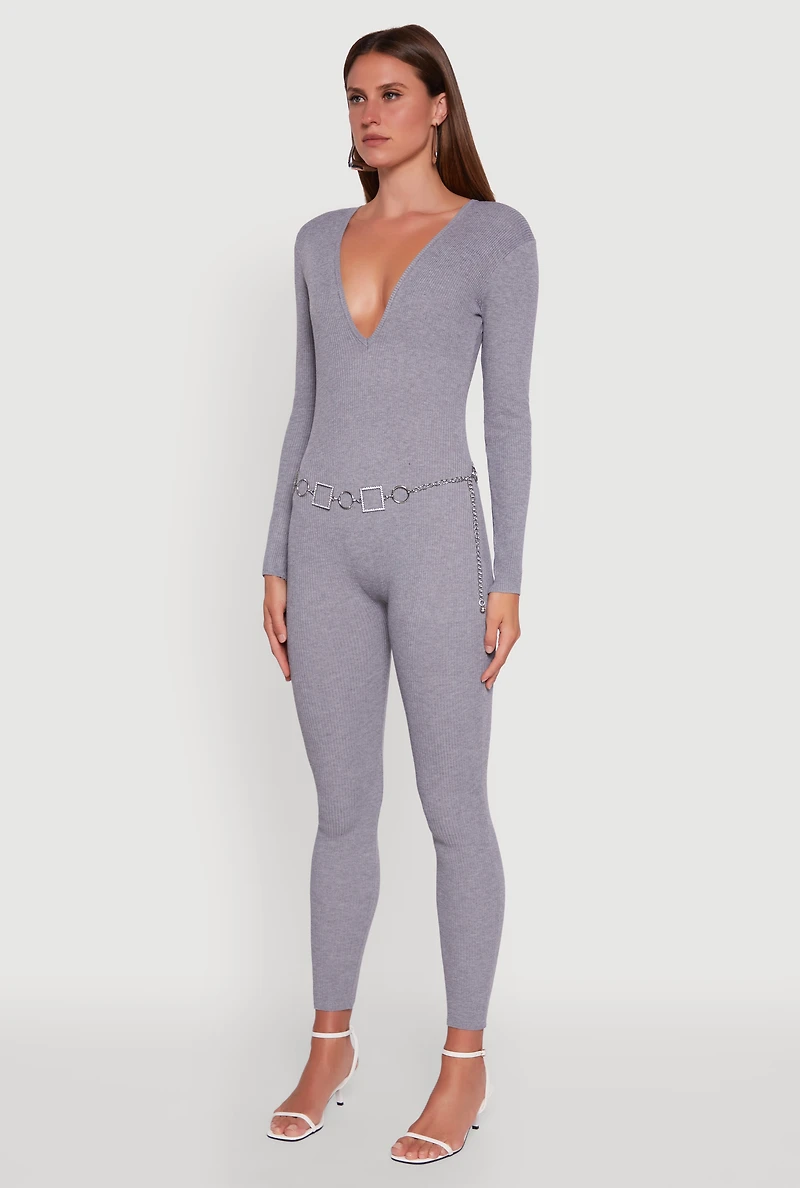Womens Ribbed Knit Lace-Up Back Long Sleeve Jumpsuit, Grey, Size L