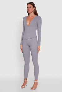 Womens Ribbed Knit Lace-Up Back Long Sleeve Jumpsuit, Grey, Size L