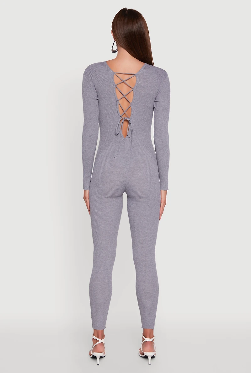 Ribbed Knit Lace-Up Back Long Sleeve Jumpsuit