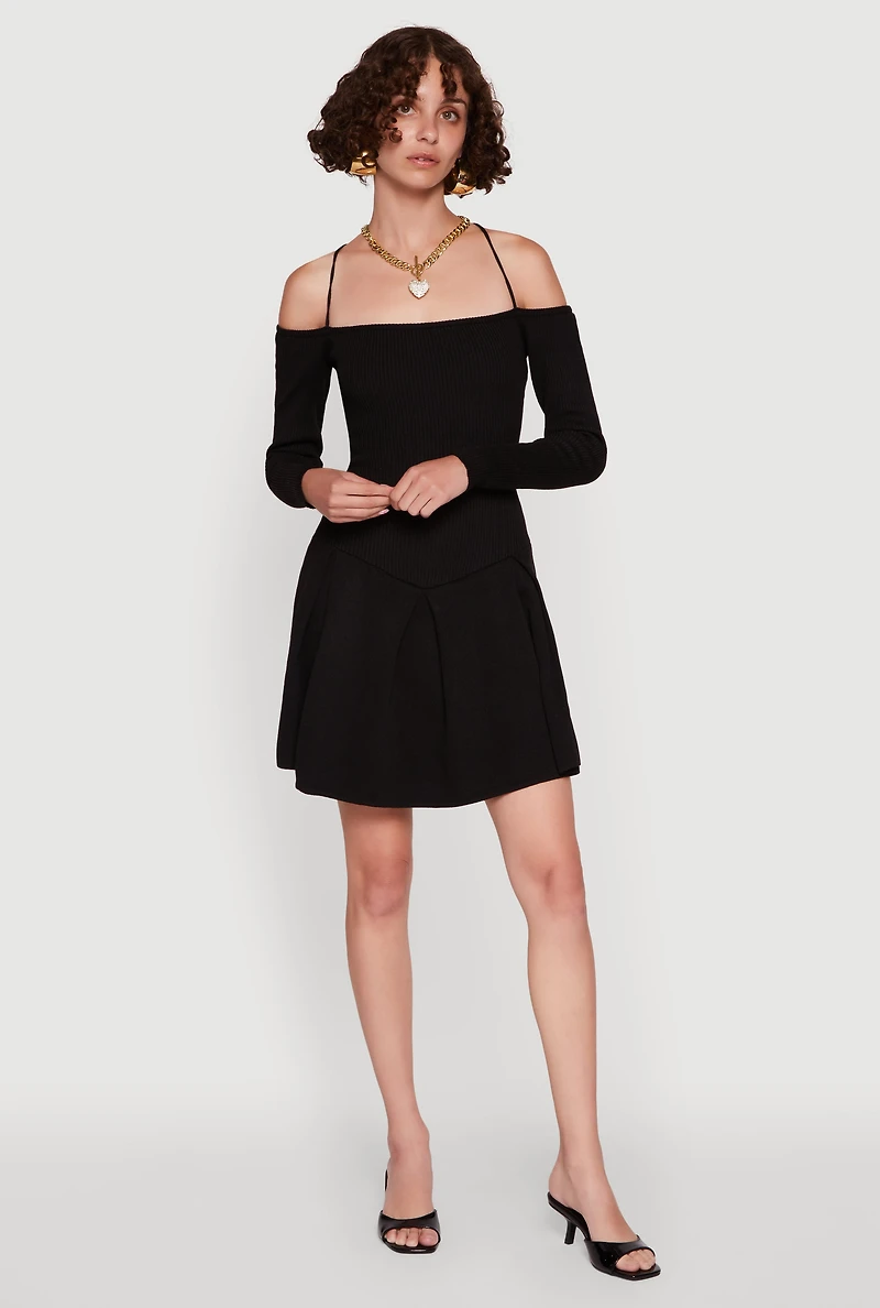 Womens Ribbed Knit Lace Up Back Pleated Sweater Dress,