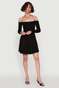 Ribbed Knit Lace Up Back Pleated Skater Dress