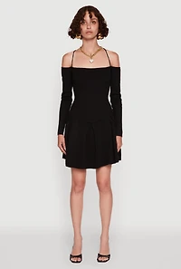 Ribbed Knit Lace Up Back Pleated Skater Dress