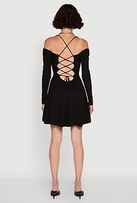 Womens Ribbed Knit Lace Up Back Sweater Dress,
