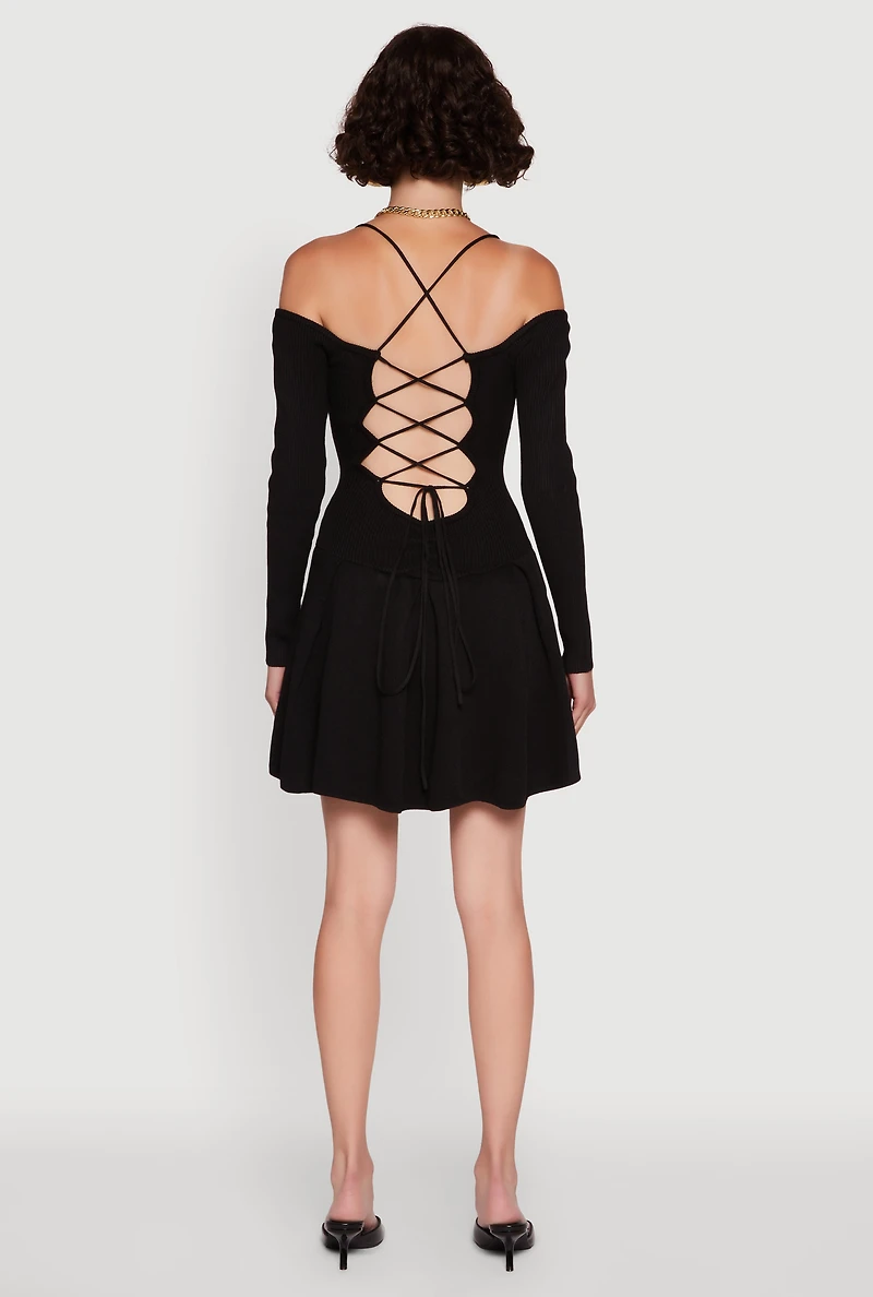 Womens Ribbed Knit Lace Up Back Pleated Sweater Dress,