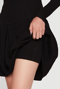 Ribbed Knit Lace Up Back Pleated Skater Dress